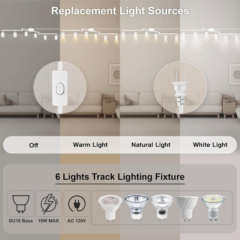 AUQUEE Track Lighting Plug in, LED Track Lighting Fixtures Ceiling Kit, White 6-Light Ceiling Light Plug-in, Wall Light with 14.8ft Power Cord, Rotatable Kitchen Spotlight for Bedroom(GU10 Socket, NO Bulb) - Image 3